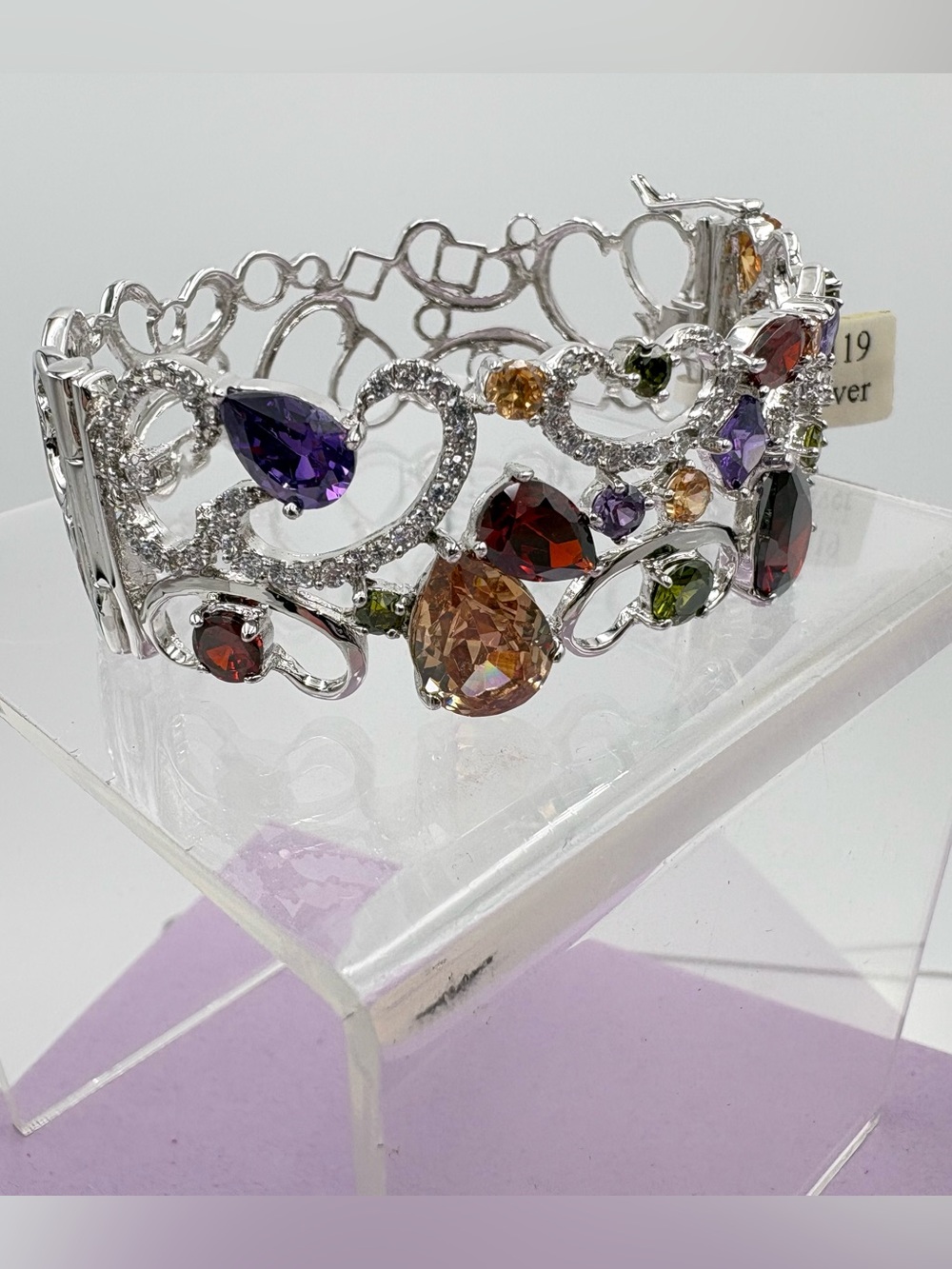 New Sterling Silver 925 Multicolor Pave Crystal Statement Cuff Bracelet - Picture 11 of 16